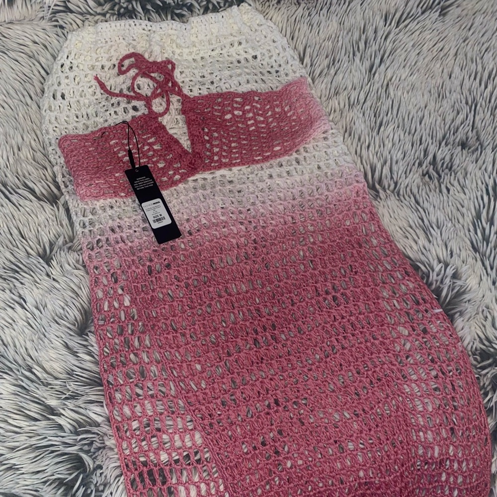 New White & Pink Crochet Beach Coverup Set, Size M